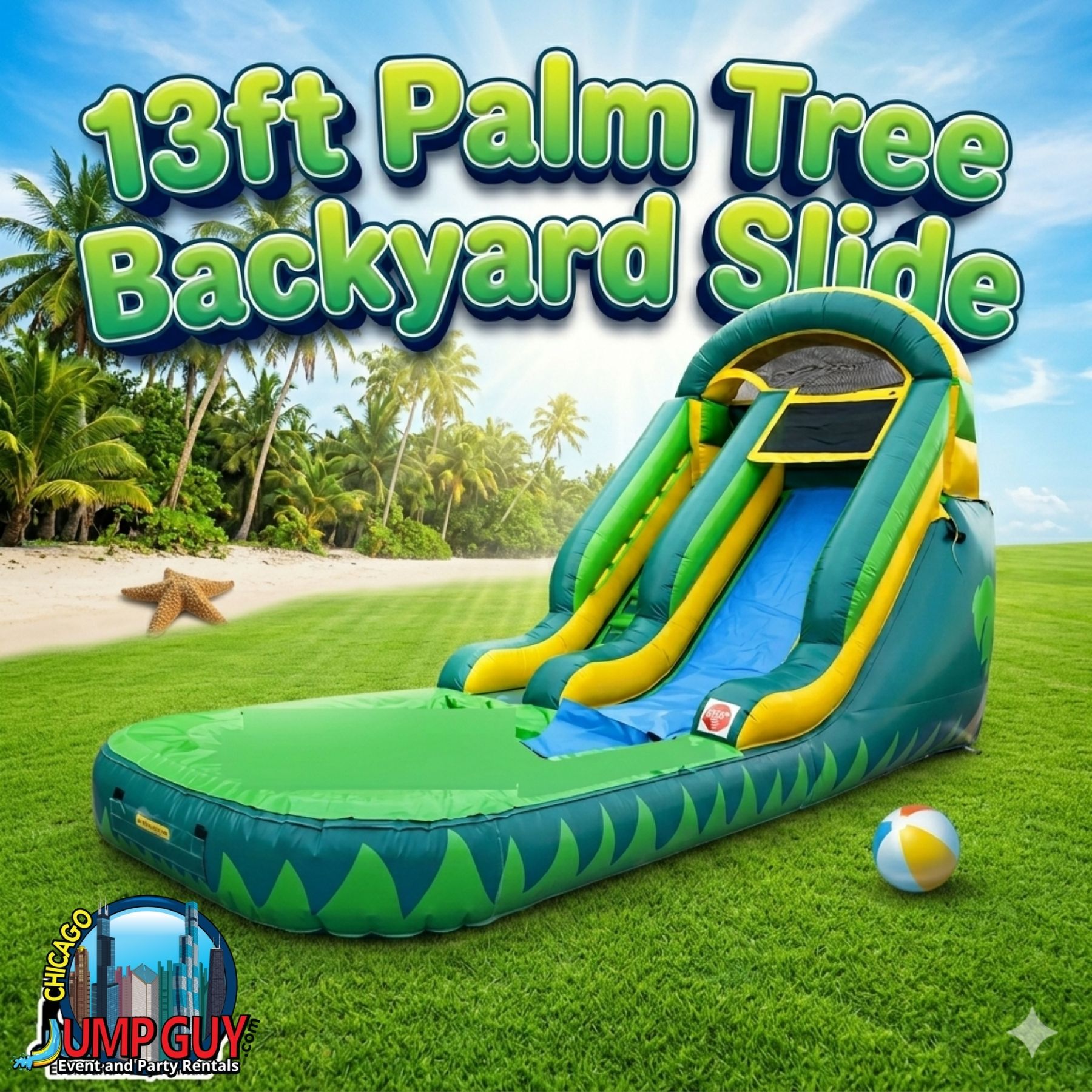 13-foot Palm Tree compact backyard inflatable water slide rental for Downers Grove IL residential lots in 60515