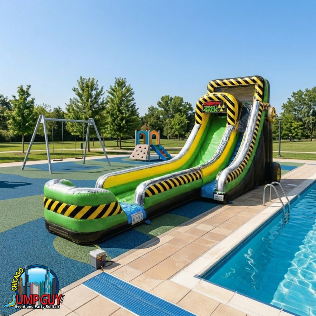 20-foot Caustic Drop water slide with foam machine combo rental for Downers Grove IL block parties and premium summer events