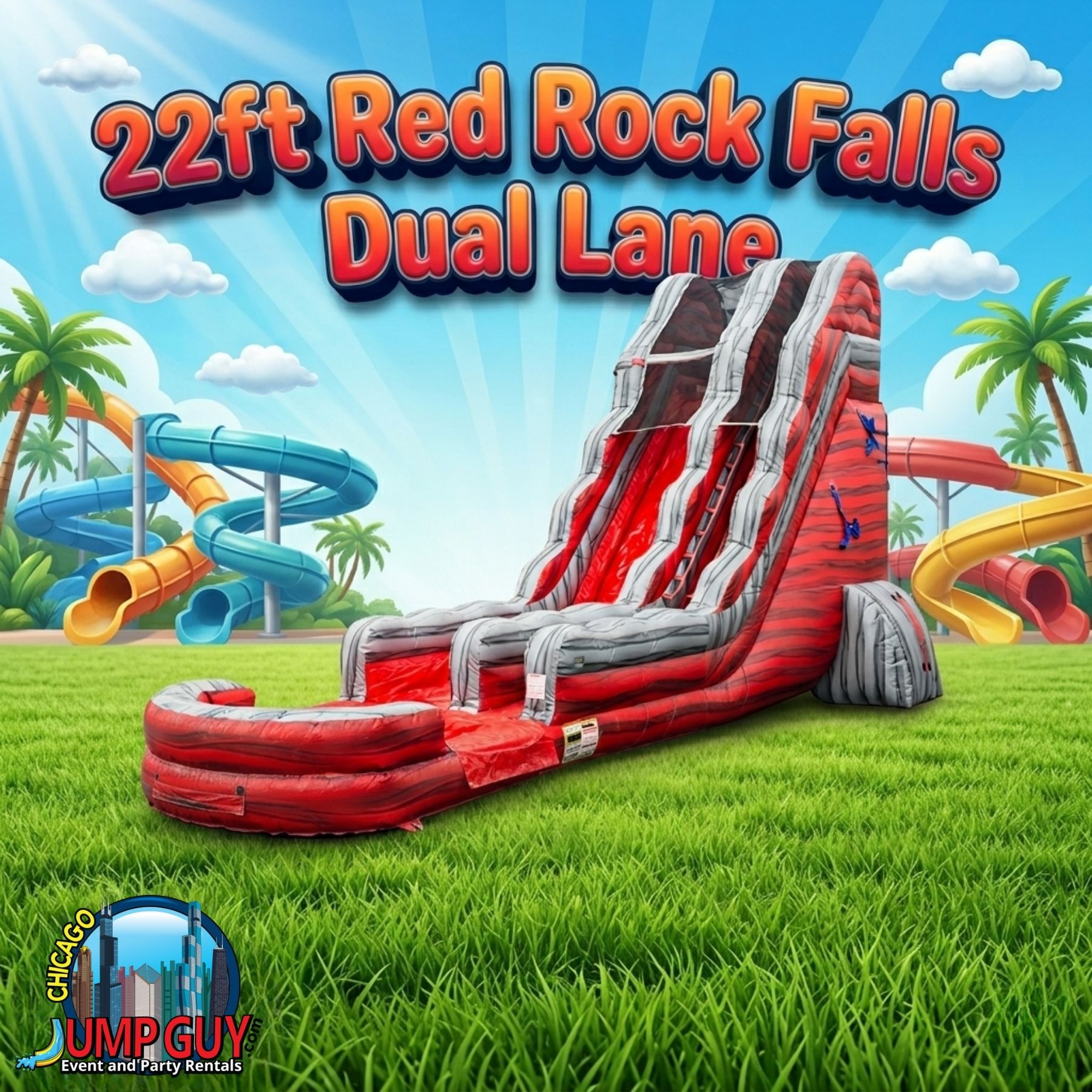22-foot Red Rock Falls dual lane inflatable water slide rental for Downers Grove IL park district events near McCollum Park
