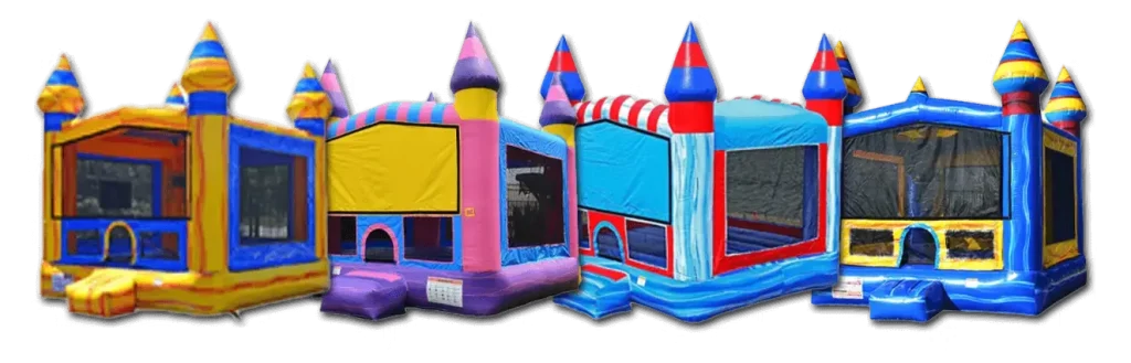 Downers Grove Party Rentals bounce house fleet banner showing multiple inflatable units for 60515 and 60516 delivery