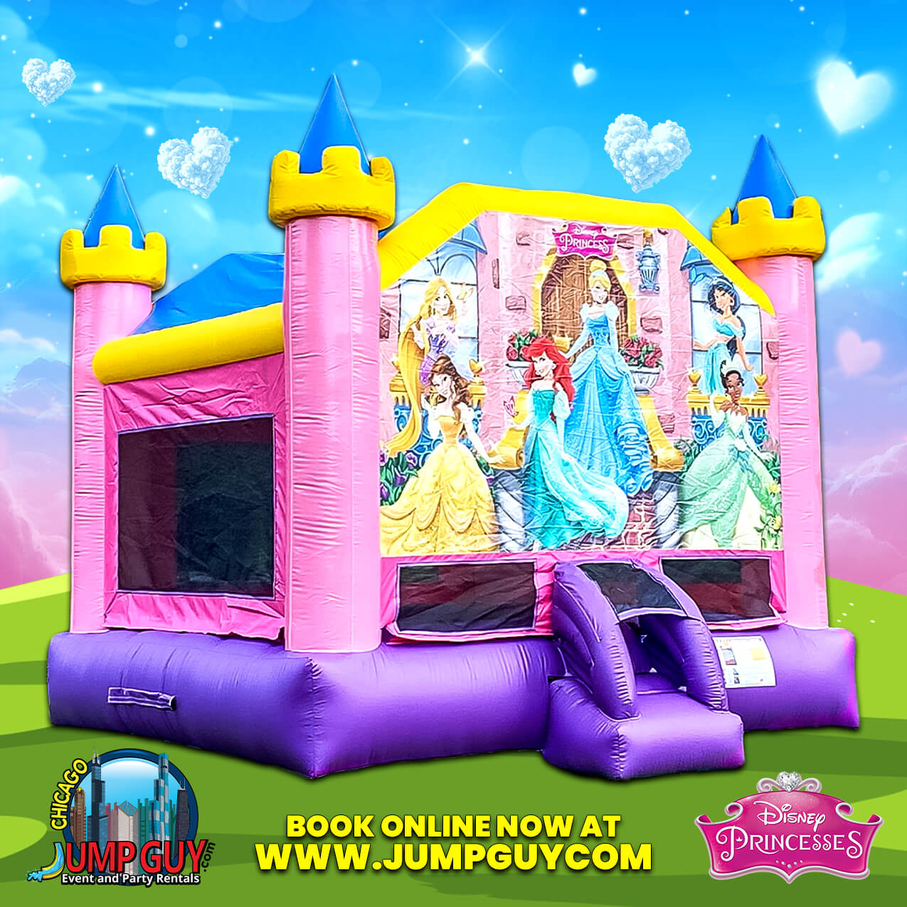 Disney Princess bounce house rentals category card for Downers Grove IL birthday parties in 60515 and 60516