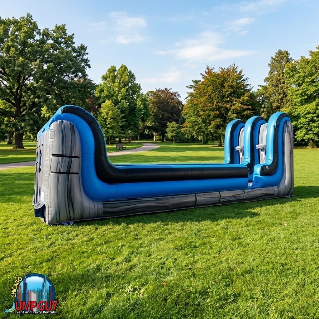Bungee Run Basketball two-player inflatable challenge attraction rental for Downers Grove IL block parties along Warren Avenue and Highland Avenue