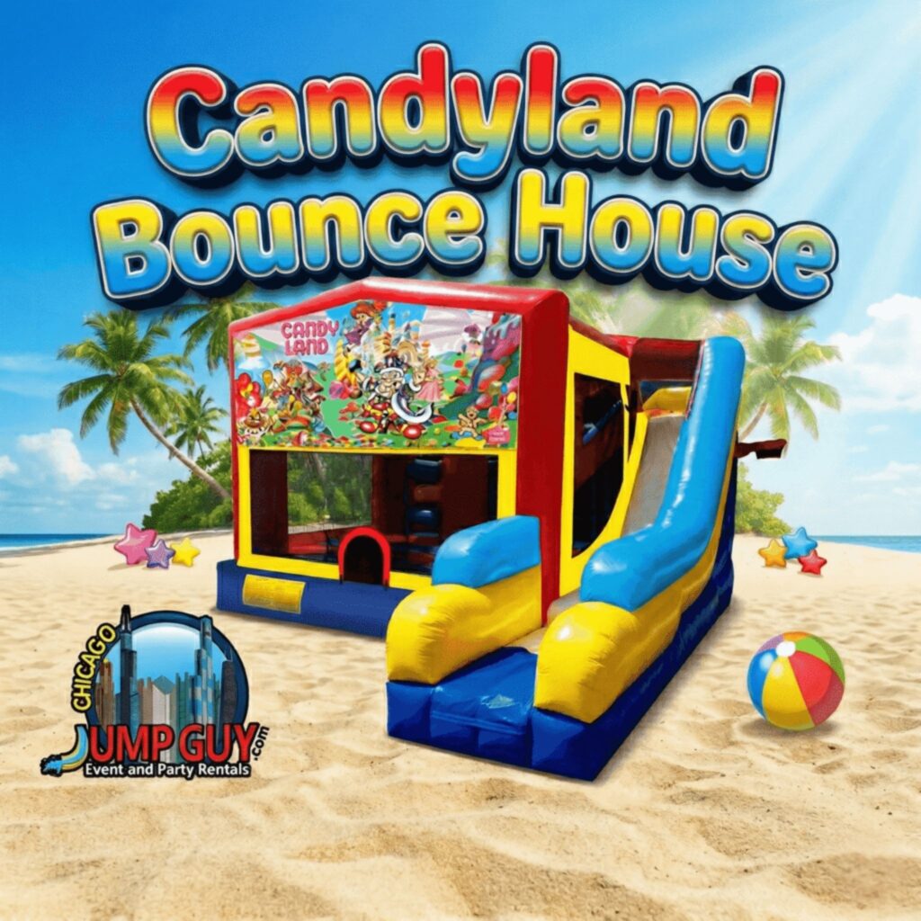 Candyland bounce house rental for Downers Grove IL girls birthday parties in the Hillcrest and Fairmount Avenue neighborhoods 60515