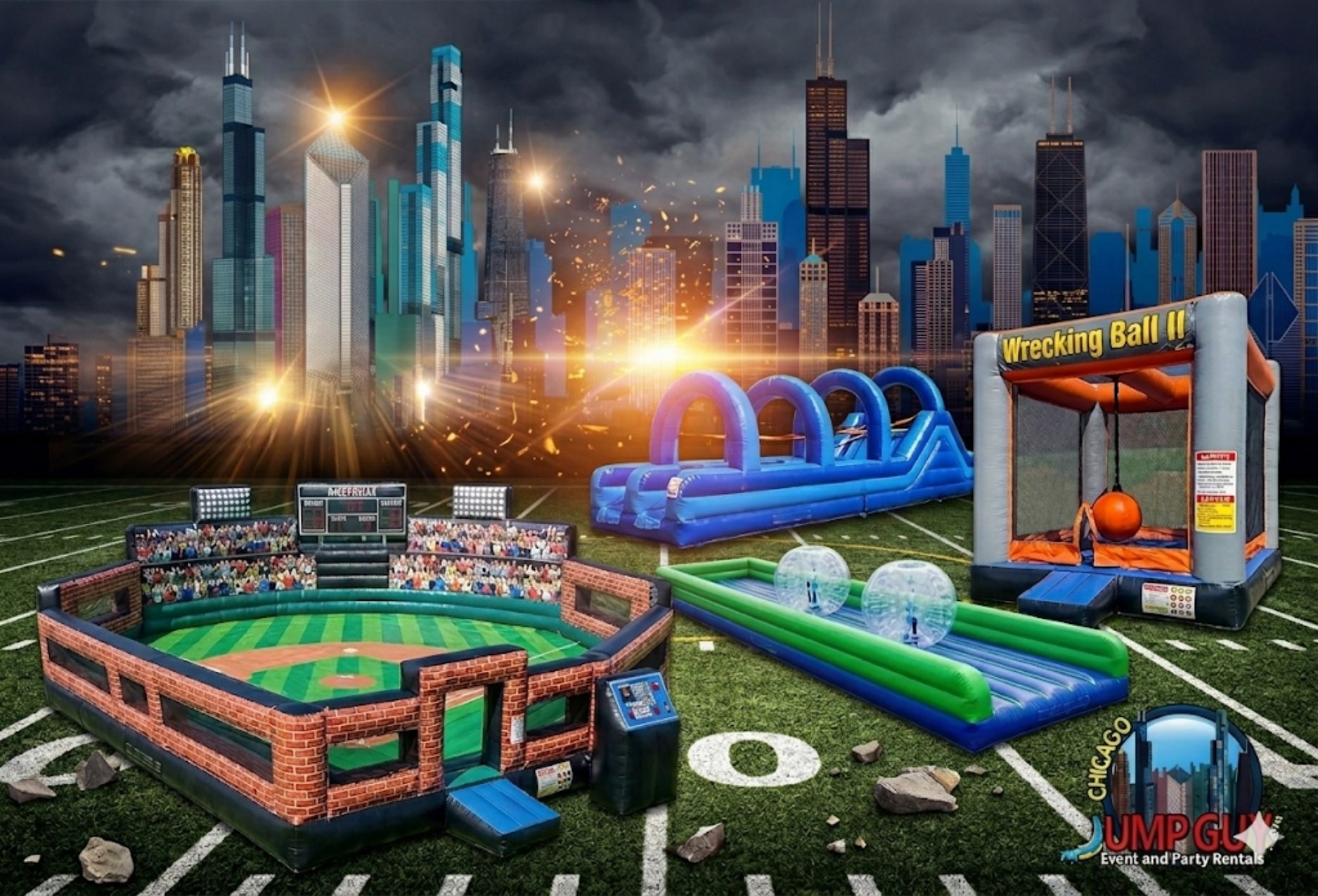 Premium challenge and crowd-draw attraction rentals including Grand Slammer, Zorb Hamster Ball, and Bungee Basketball for Downers Grove IL events
