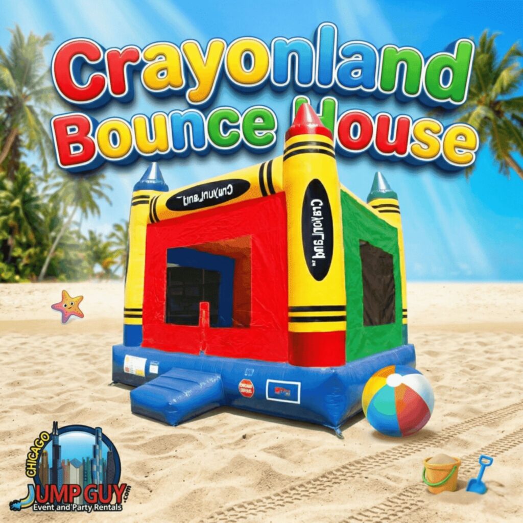 Crayonland bounce house rental set up in a Downers Grove IL backyard in the Hillcrest neighborhood near Fairmount Avenue