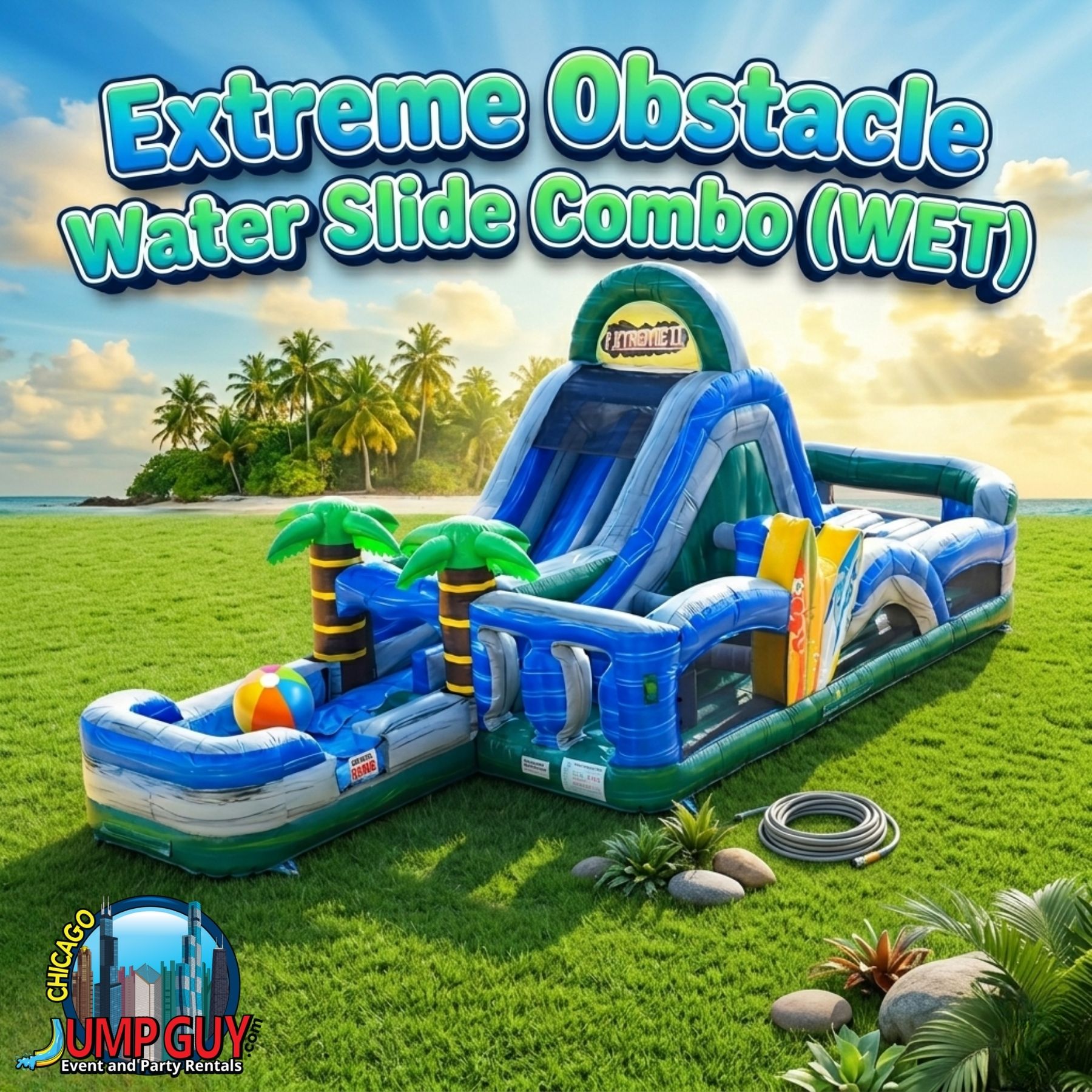 Extreme obstacle course and water slide wet combo inflatable rental for Downers Grove IL block parties and park events