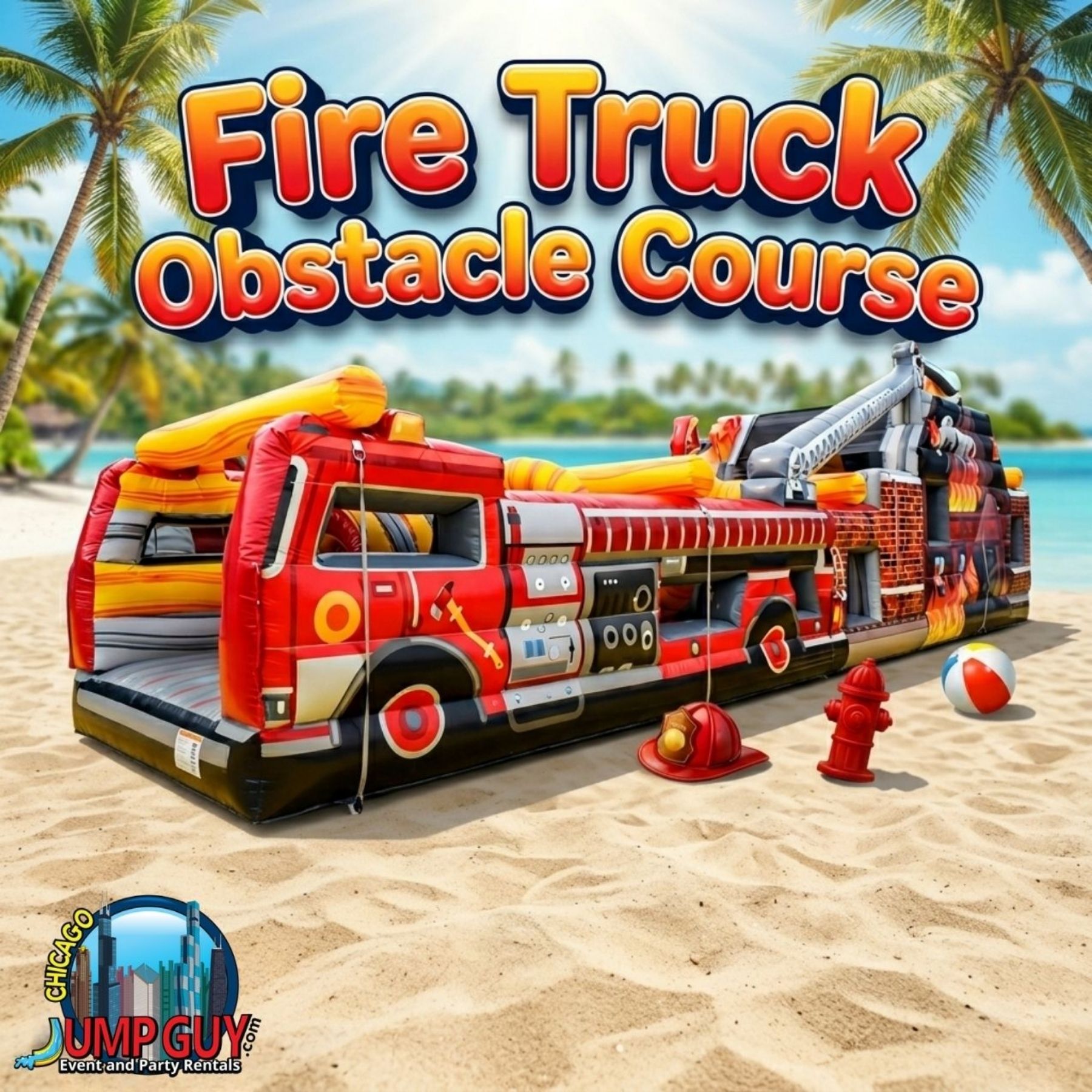 Fire Truck bounce house with slide and obstacle course combo rental for Downers Grove IL school carnivals and large events