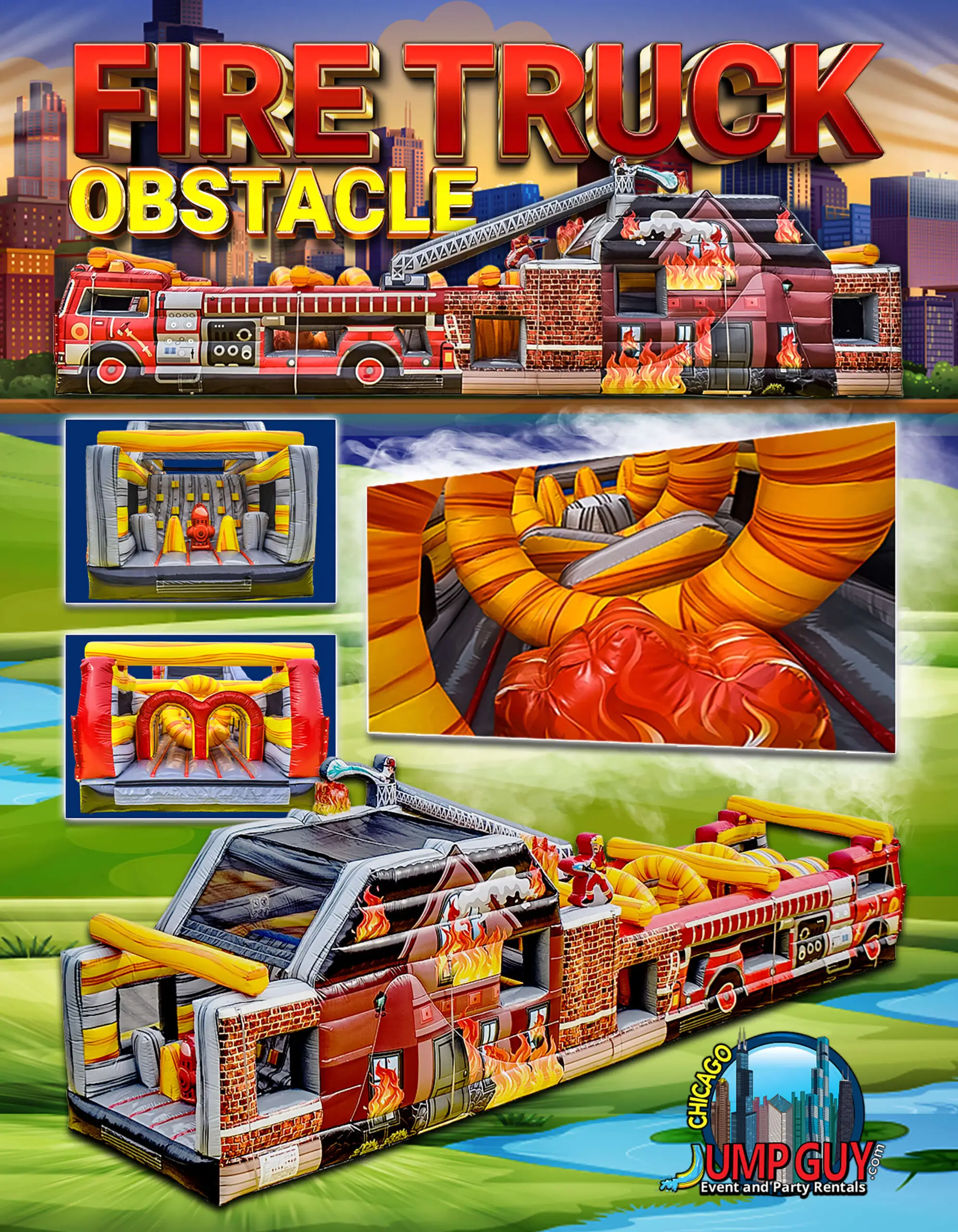 Fire Truck themed inflatable obstacle course rental for Downers Grove IL school carnivals and District 58 events