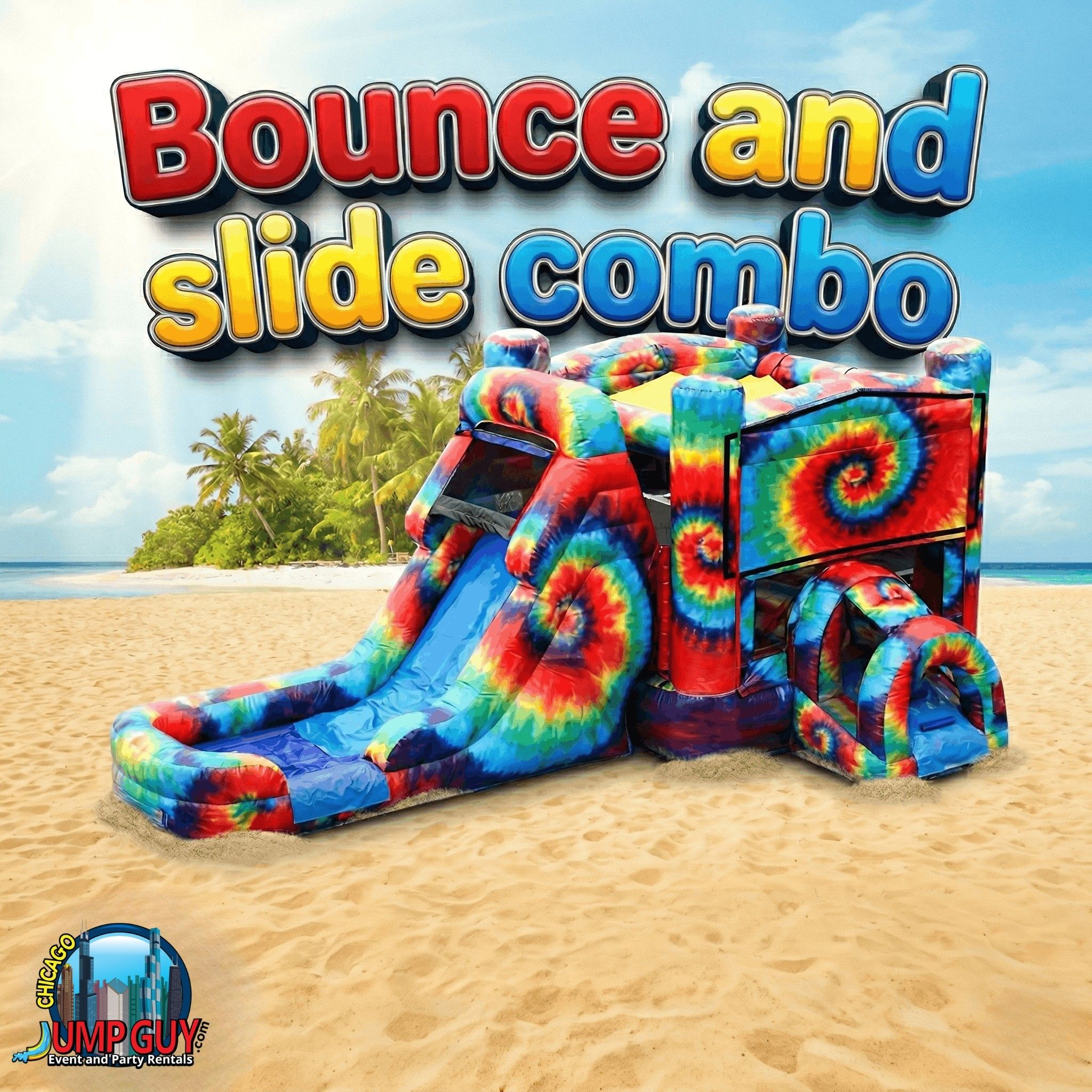 Foam machine and wet combo bounce slide inflatable rentals for Downers Grove IL block parties along Ogden Avenue and summer events