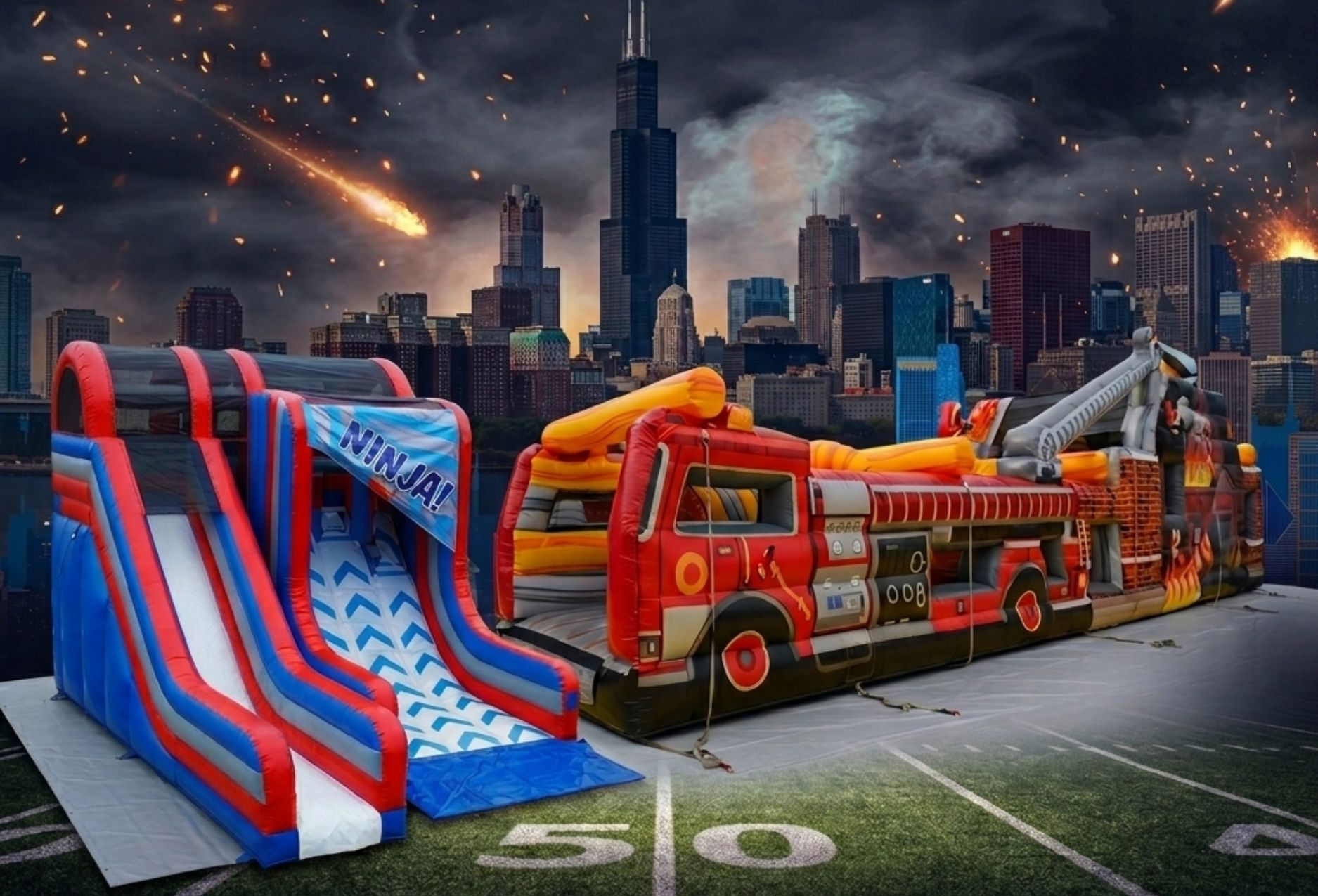 Full-length commercial obstacle course rentals for Downers Grove IL school carnivals and park district field days in 60515 and 60516