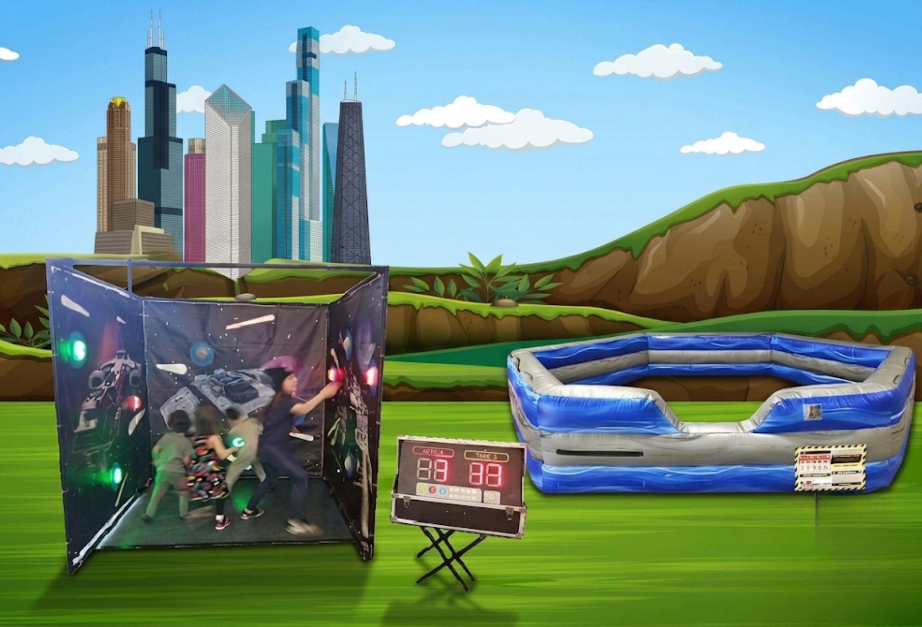 Interactive game station rentals including GaGa Ball Pit and Warp Speed Light Game for Downers Grove IL school carnivals and District 58 events