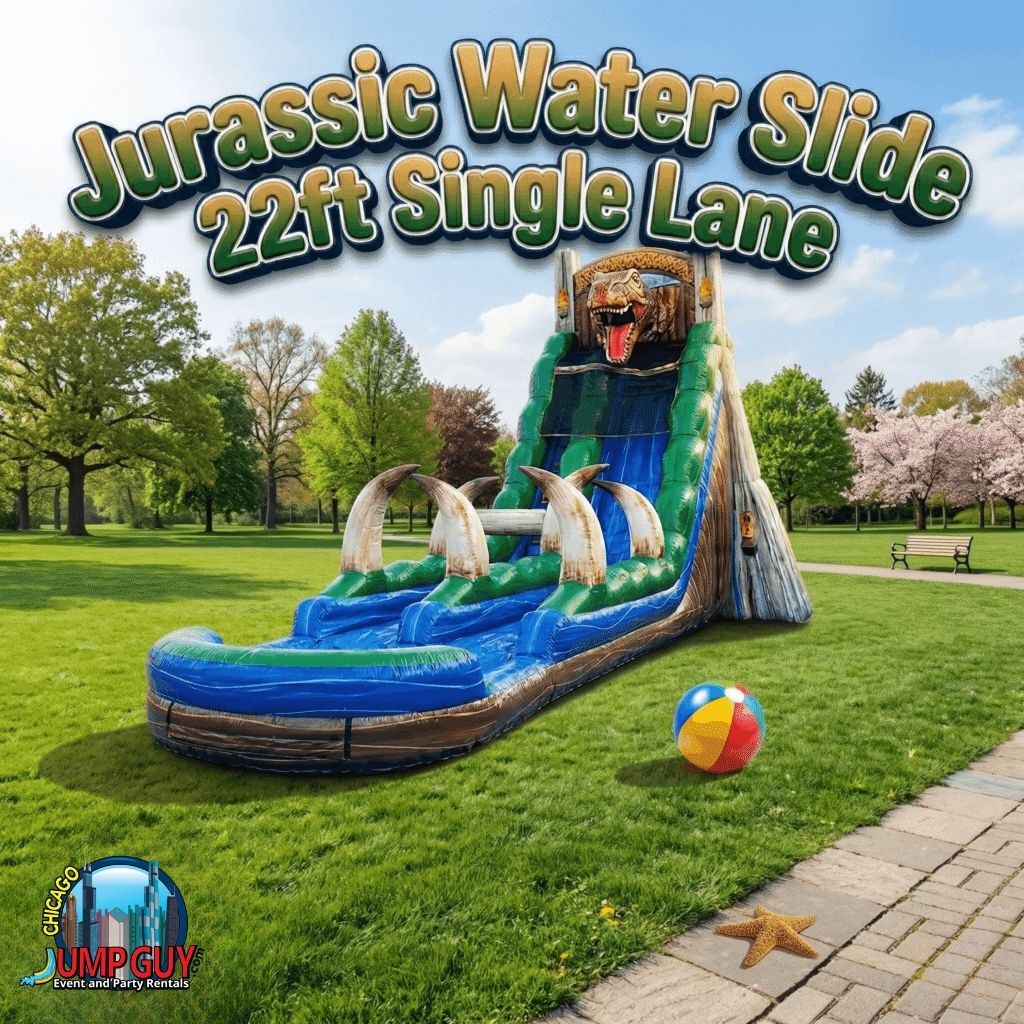 Jurassic Water Slide 22-foot single lane inflatable slip-n-slide rental for Downers Grove IL park district events and District 58 school carnivals
