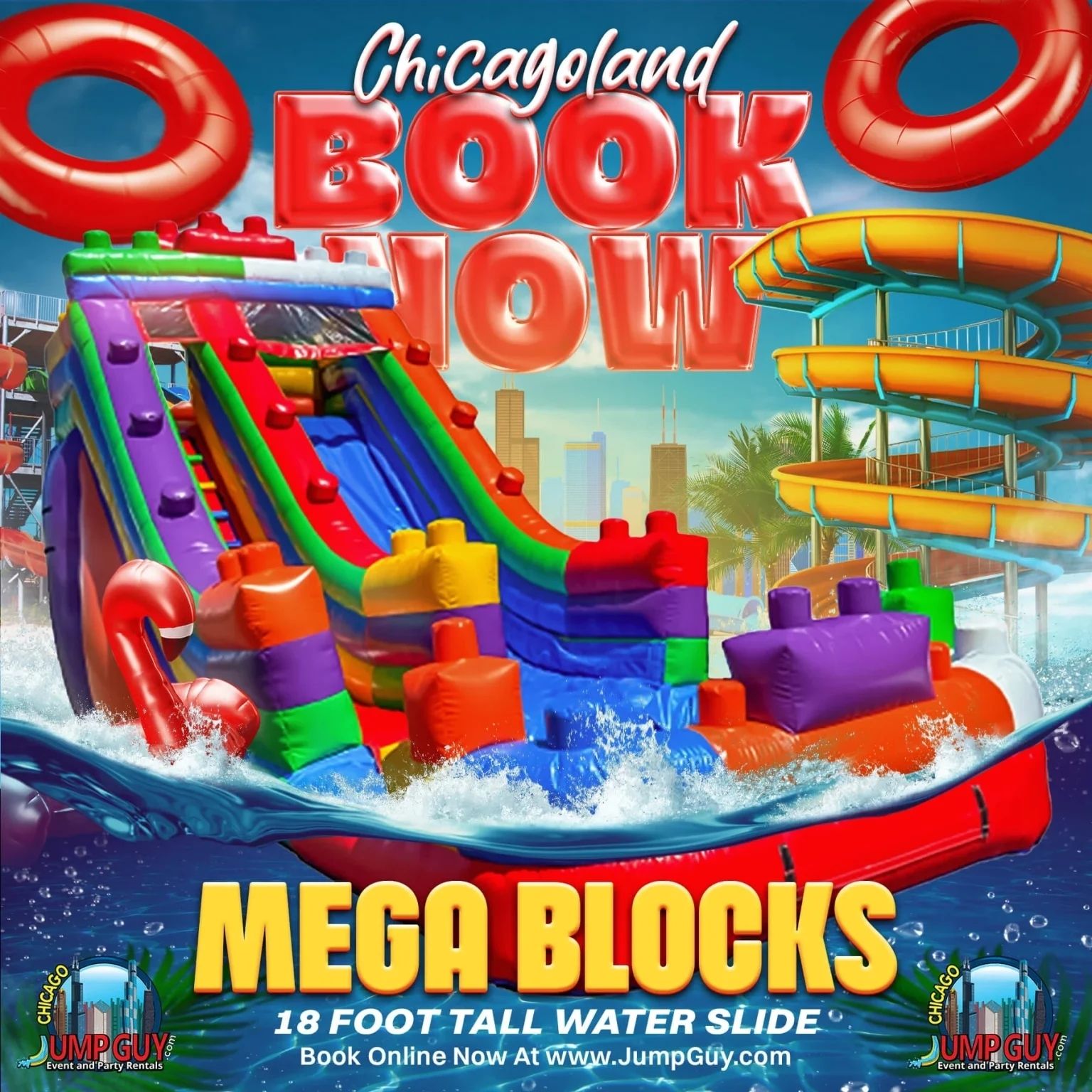 Mega Blocks 18-foot tall water slide rental for Downers Grove IL summer birthday parties and school events