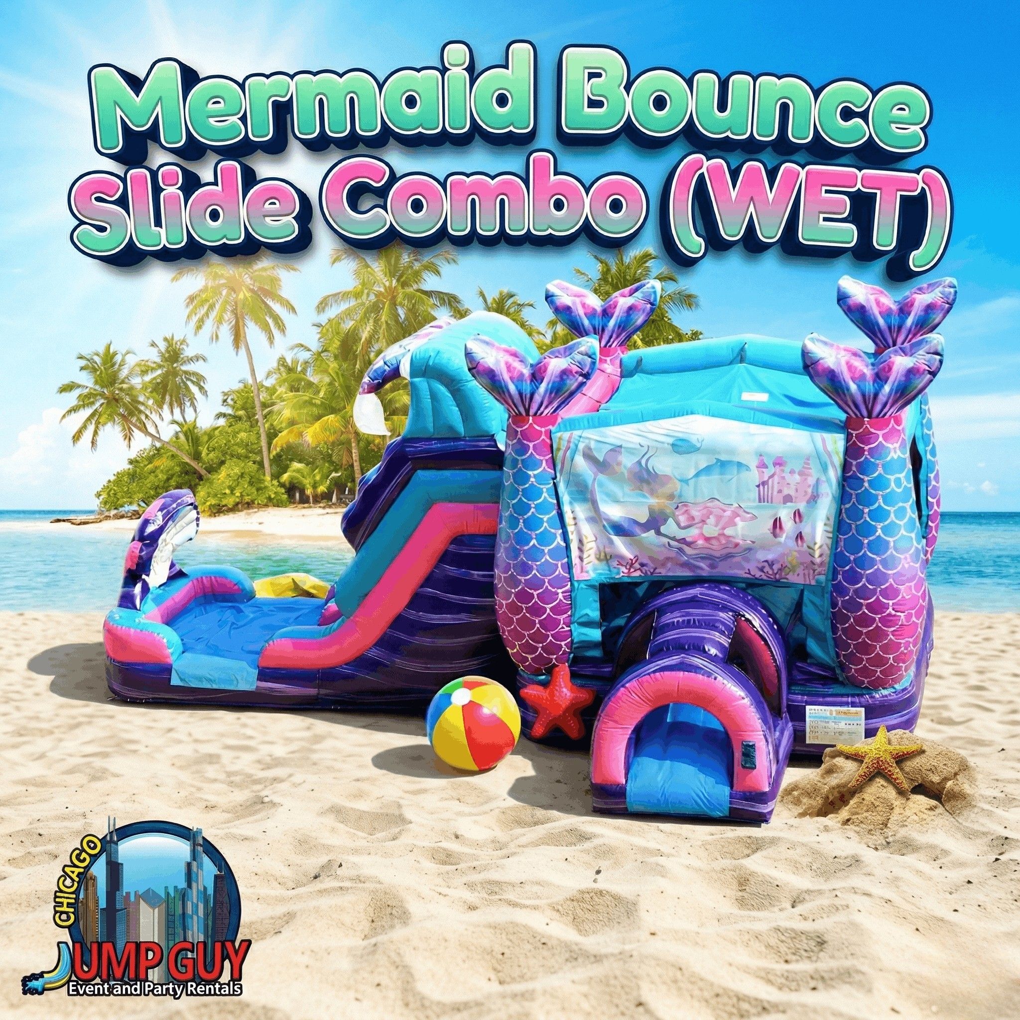 Mermaid bounce house and slide combo wet configuration inflatable rental for Downers Grove IL girls birthday parties