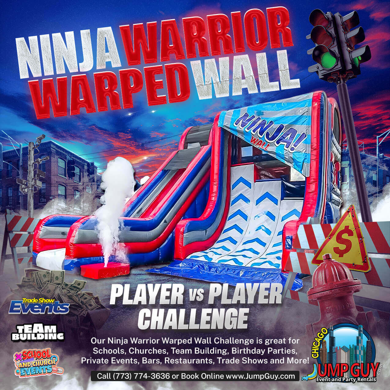 Ninja Warrior Warped Wall player vs player inflatable challenge rental for Downers Grove IL park district festivals and block parties