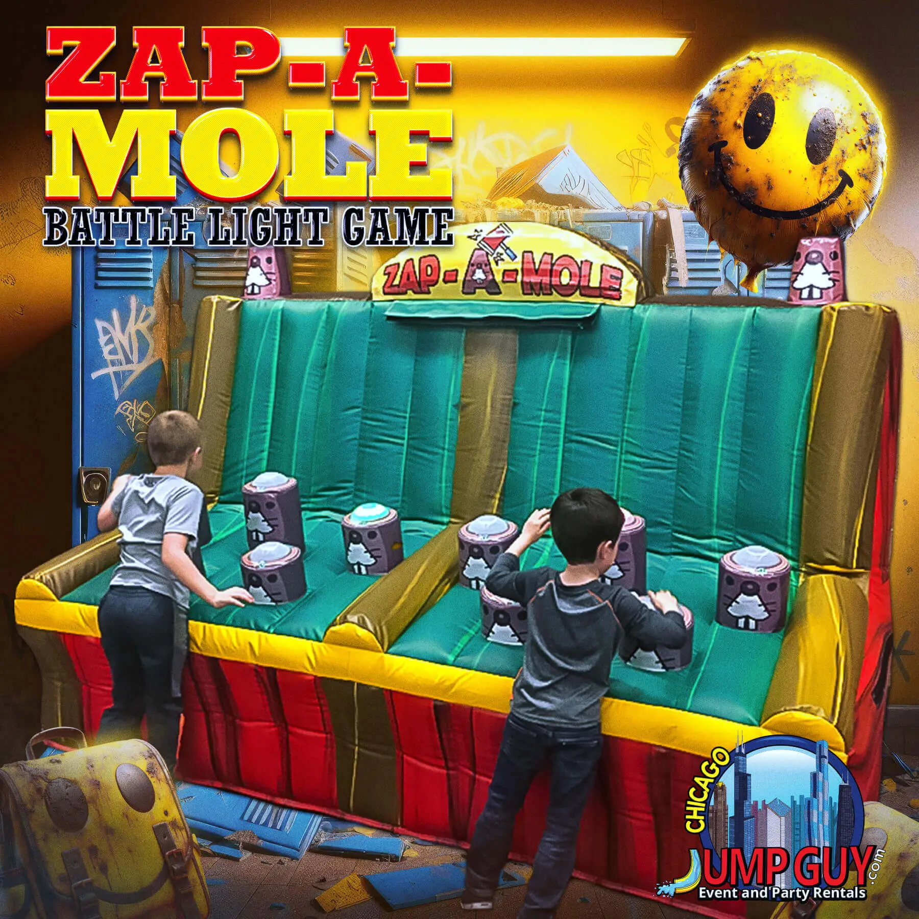 Zap-a-Mole obstacle course and interactive game rentals category card for Downers Grove IL school carnivals and park events