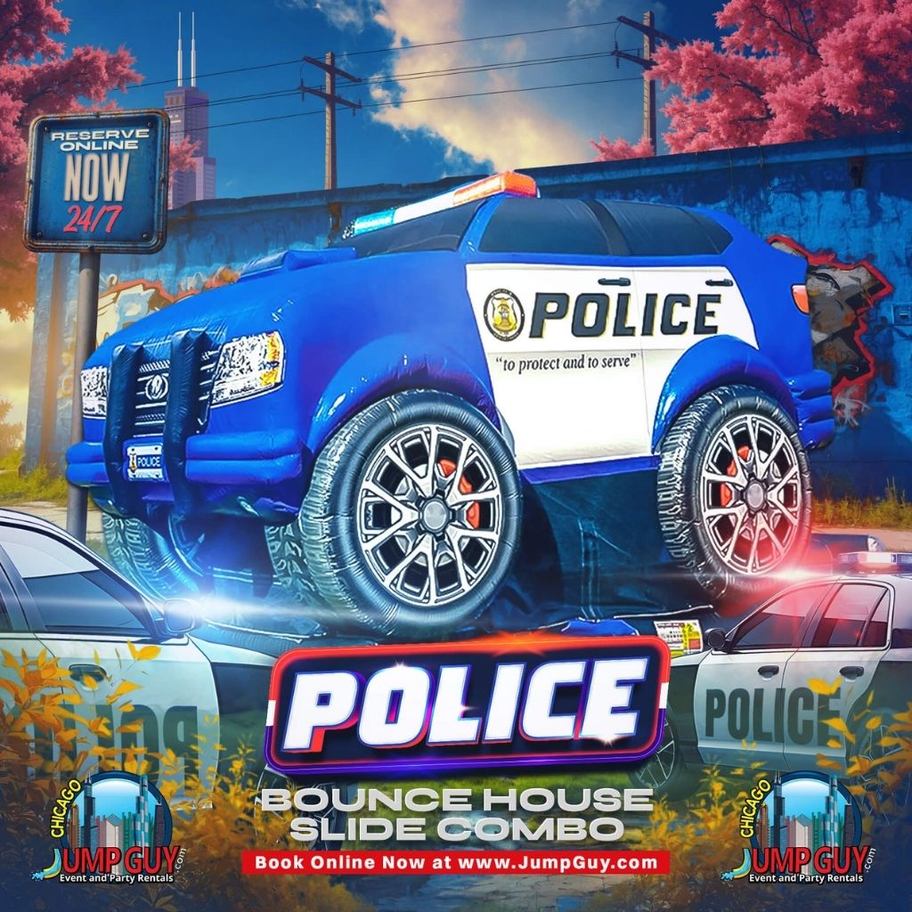 Police Station bounce house and slide combo dry inflatable rental for Downers Grove IL boys birthday parties and school carnivals
