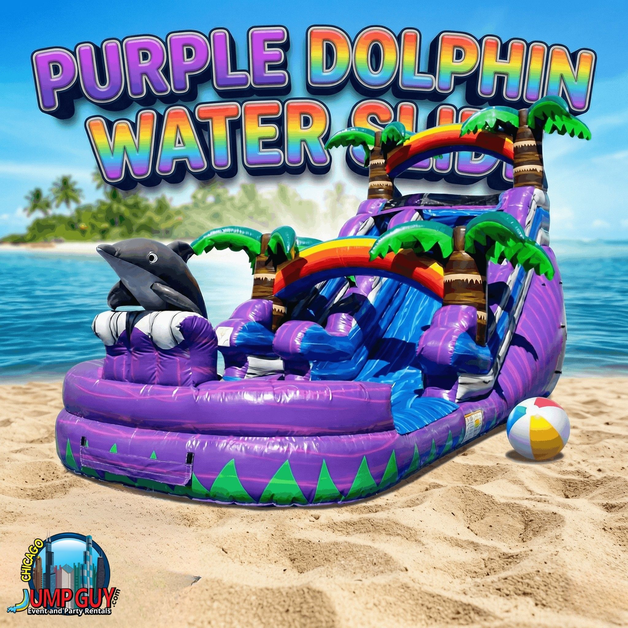 Purple Dolphin compact single lane inflatable water slide rental for Downers Grove IL narrow backyards in 60515