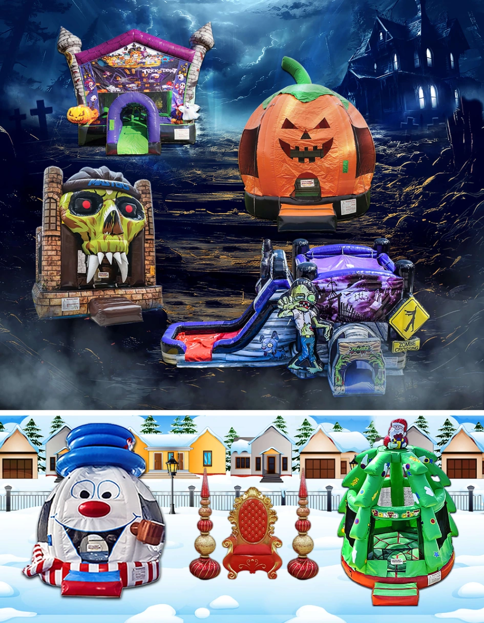 Seasonal and Halloween themed inflatable rentals collage for Downers Grove IL fall events and church festivals