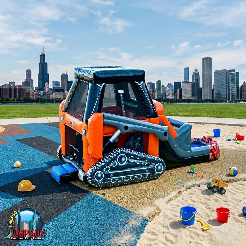 Skid Loader construction themed bounce house and water slide combo wet rental for Downers Grove IL block parties in 60516