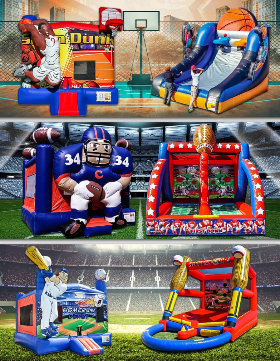 Sports and interactive game rentals collage showing basketball bounce houses and carnival games for Downers Grove IL events