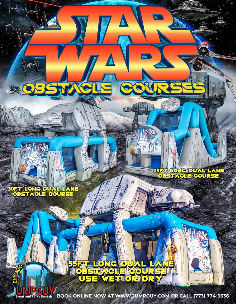Star Wars themed inflatable obstacle course rental showing 30ft and 55ft dual lane configurations for Downers Grove IL events