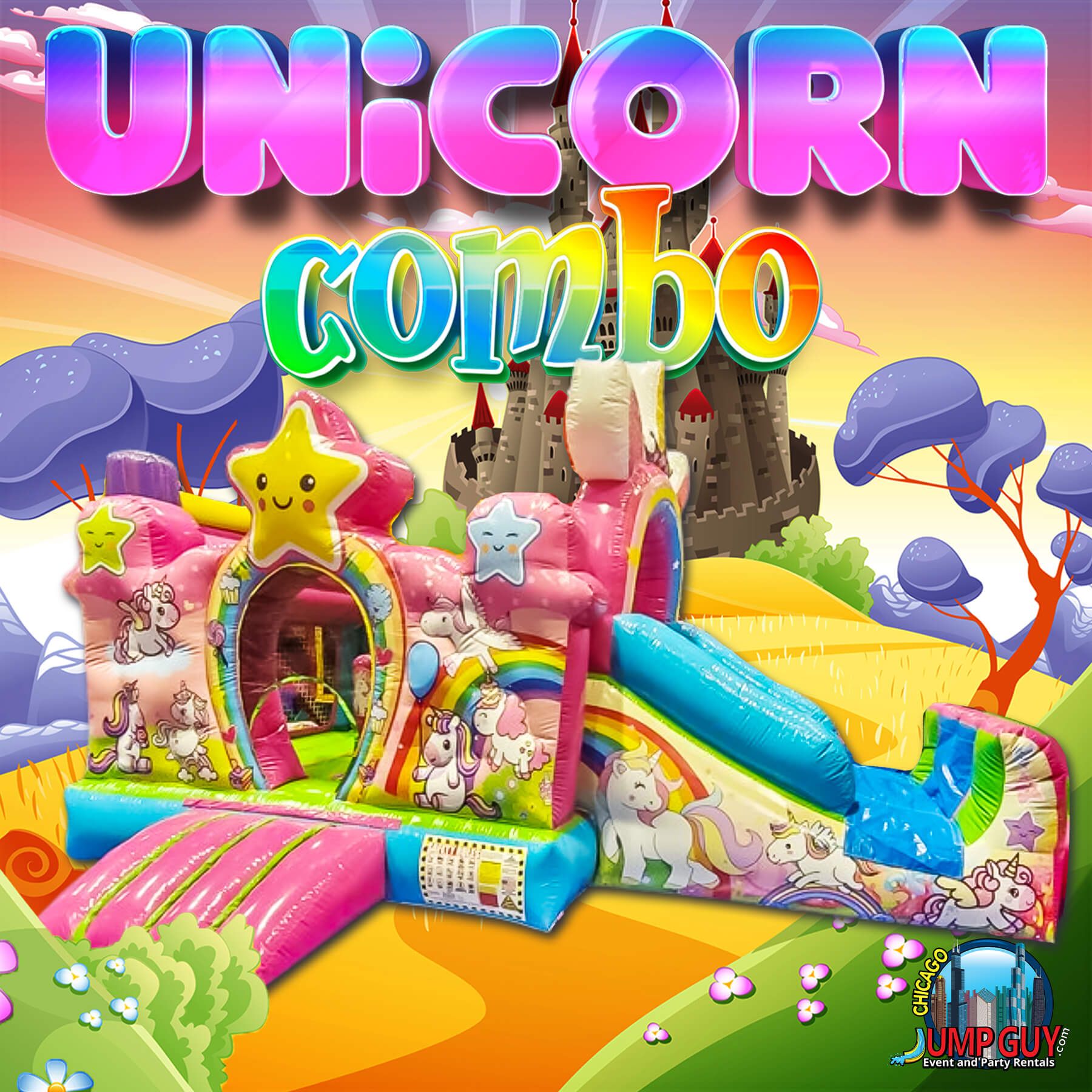 Unicorn bounce house and slide combo inflatable rental for girls birthday parties in Downers Grove IL 60515 and 60516