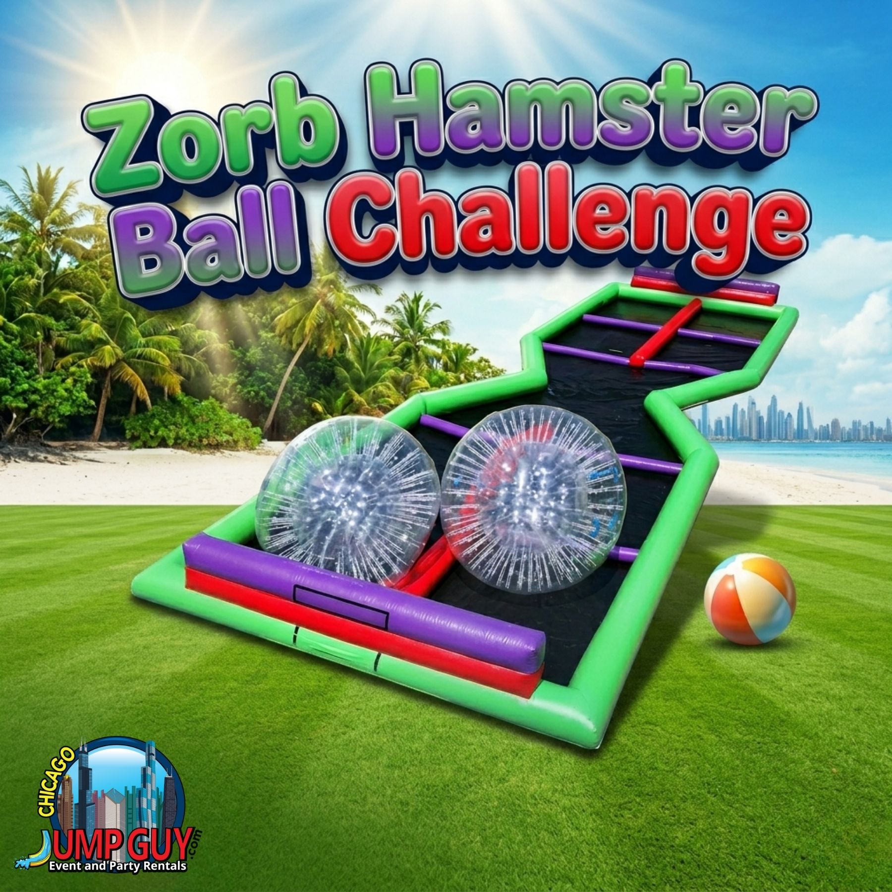 Zorb Hamster Ball Challenge four-player inflatable arena rental for Downers Grove IL block parties and school carnivals